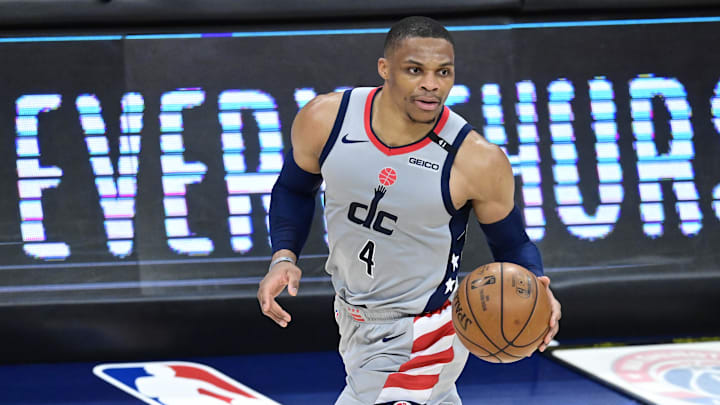 May 31, 2021; Washington, District of Columbia, USA; Washington Wizards guard Russell Westbrook (4) dribbles during game four in the first round of the 2021 NBA Playoffs against the Philadelphia 76ers  at Capital One Arena.