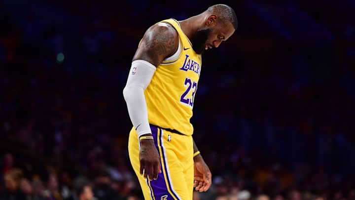 Apr 25, 2024; Los Angeles, California, USA; Los Angeles Lakers forward LeBron James (23) reacts during the first half in game three of the first round for the 2024 NBA playoffs at Crypto.com Arena. Mandatory Credit: Gary A. Vasquez-Imagn Images Apr 25, 2024; Los Angeles, California, USA; Los Angeles Lakers forward LeBron James (23) reacts during the first half in game three of the first round for the 2024 NBA playoffs at Crypto.com Arena. Mandatory Credit: Gary A. Vasquez-Imagn Images