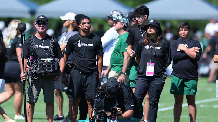 Jul 22, 2023; Florham Park, NJ, USA; An NFL Films crew for the HBO television series Hard Knocks on the field during the New York Jets Training Camp at Atlantic Health Jets Training Center Jul 22, 2023; Florham Park, NJ, USA; An NFL Films crew for the HBO television series Hard Knocks on the field during the New York Jets Training Camp at Atlantic Health Jets Training Center