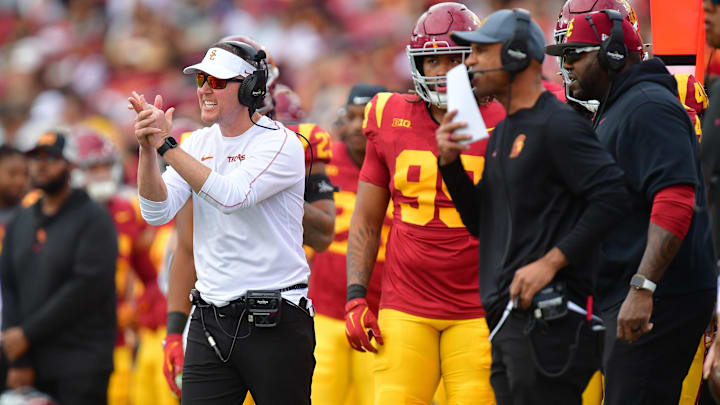 Nov 30, 2024; Los Angeles, California, USA; Southern California Trojans head coach Lincoln Riley watches game action against the Notre Dame Fighting Irish during the first half at the Los Angeles Memorial Coliseum. Nov 30, 2024; Los Angeles, California, USA; Southern California Trojans head coach Lincoln Riley watches game action against the Notre Dame Fighting Irish during the first half at the Los Angeles Memorial Coliseum.