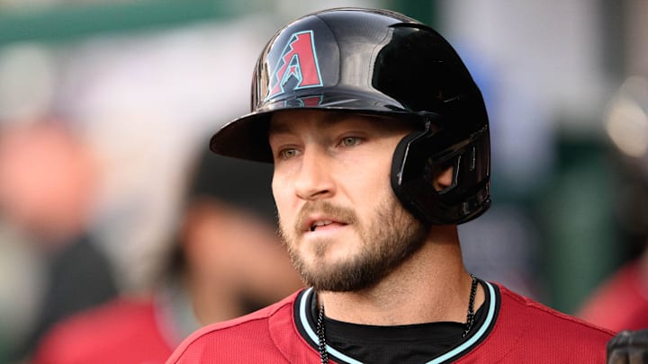 Apr 5, 2025; Washington, District of Columbia, USA; Arizona Diamondbacks outfielder Garrett Hampson (8) reacts after scoring a run during the eighth inning against the Washington Nationals at Nationals Park. Mandatory Credit: Reggie Hildred-Imagn Images