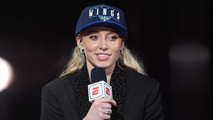Apr 14, 2025; New York, New York, USA; Paige Bueckers is interviewed by ESPN after being selected with the number one overall pick to the Dallas Wings in the 2025 WNBA Draft at The Shed at Hudson Yards. Mandatory Credit: Vincent Carchietta-Imagn Images