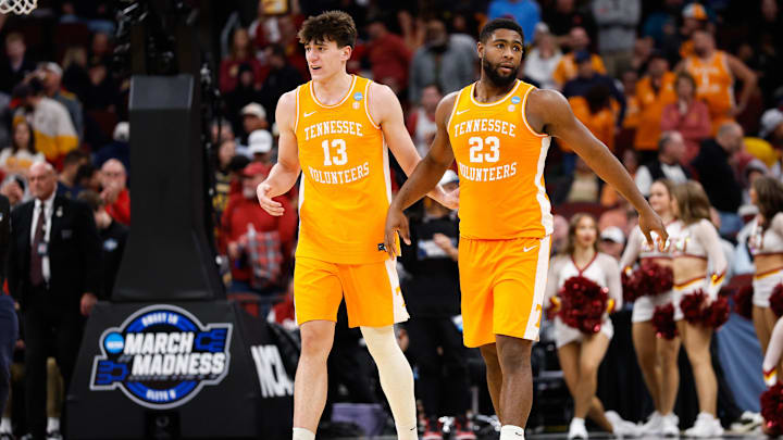 Mar 27, 2026; Chicago, IL, USA; Tennessee Volunteers forward J.P. Estrella (13) and forward Jaylen Carey (23) look on during the second half against the Iowa State Cyclones during a Sweet Sixteen game of the Midwest Regional of the men's 2026 NCAA Tournament at United Center. Mandatory Credit: Kamil Krzaczynski-Imagn Images