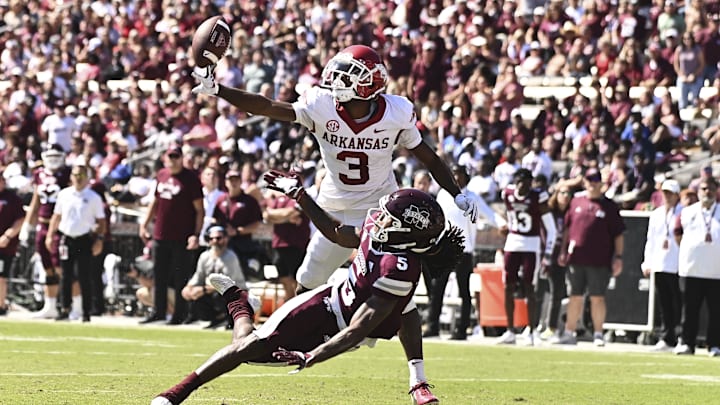 Oct 8, 2022; Starkville, Mississippi, USA; Arkansas Razorbacks defensive back Dwight McGlothern (3)