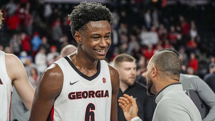 Mar 3, 2026; Athens, Georgia, USA; Georgia Bulldogs forward Kanon Catchings (6) shown after Georgia defeated the Alabama Crimson Tide at Stegeman Coliseum. Mandatory Credit: Dale Zanine-Imagn Images