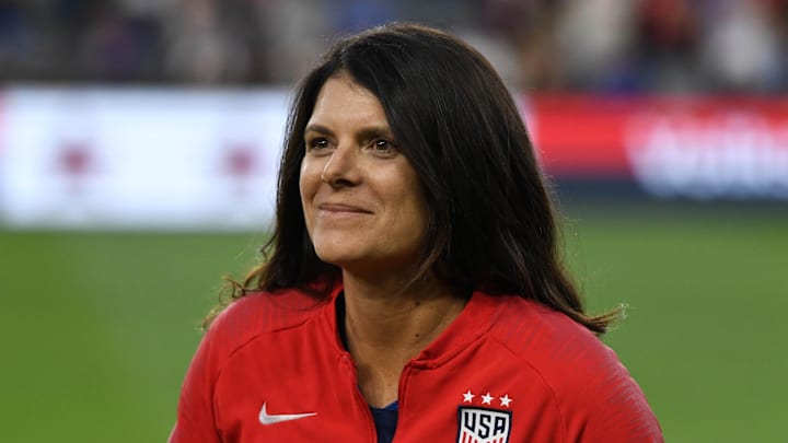 Apr 7, 2019; Los Angeles, CA, USA; USA former player Mia Hamm Garciaparra attends an International Friendly against Belgium at Banc of California Stadium. Mandatory Credit: Kirby Lee-Imagn Images Apr 7, 2019; Los Angeles, CA, USA; USA former player Mia Hamm Garciaparra attends an International Friendly against Belgium at Banc of California Stadium. Mandatory Credit: Kirby Lee-Imagn Images