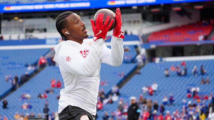 Nov 17, 2024; Orchard Park, New York, USA; Kansas City Chiefs wide receiver Mecole Hardman (17) warms up prior to the game against the Buffalo Bills at Highmark Stadium. Mandatory Credit: Gregory Fisher-Imagn Images