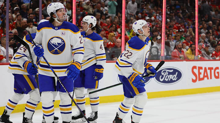 Apr 13, 2024; Sunrise, Florida, USA; Buffalo Sabres right wing Jack Quinn (22) reacts after scoring