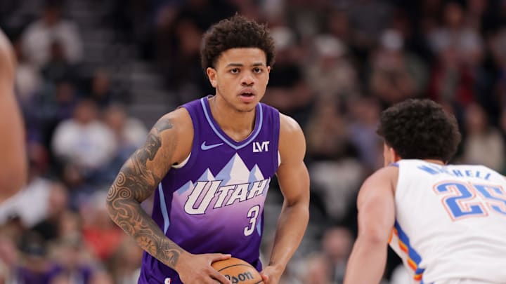 Apr 11, 2025; Salt Lake City, Utah, USA;  Utah Jazz guard Keyonte George (3) controls the ball during the second half against the Oklahoma City Thunder at Delta Center. Mandatory Credit: Chris Nicoll-Imagn Images