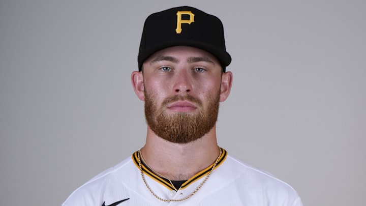 Feb 22, 2023; Bradenton, FL, USA; Pittsburgh Pirates pitcher Mike Burrows (53) poses for photos