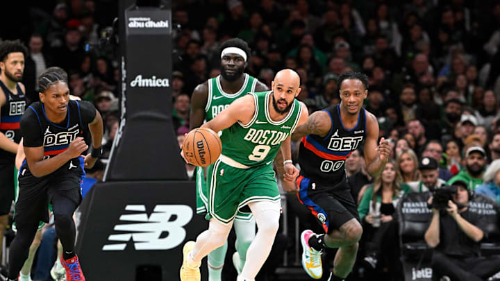 Dec 12, 2024; Boston, Massachusetts, USA; Boston Celtics guard Derrick White (9) dribbles the ball down the court during the second half against the Detroit Pistons at TD Garden. Mandatory Credit: Eric Canha-Imagn Images Dec 12, 2024; Boston, Massachusetts, USA; Boston Celtics guard Derrick White (9) dribbles the ball down the court during the second half against the Detroit Pistons at TD Garden. Mandatory Credit: Eric Canha-Imagn Images