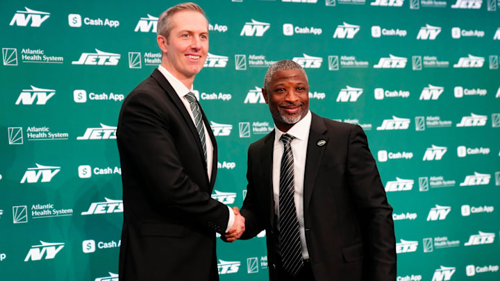 New York Jets General Manager Darren Mougey and Jets Head Coach Aaron Glenn, shake hands as they pose for the press, at the Atlantic Health Jets Training Center, Monday, January 27, 2025, in Florham Park. Mougey and Glenn were introduced to the press in their new positions for the first time. New York Jets General Manager Darren Mougey and Jets Head Coach Aaron Glenn, shake hands as they pose for the press, at the Atlantic Health Jets Training Center, Monday, January 27, 2025, in Florham Park. Mougey and Glenn were introduced to the press in their new positions for the first time.