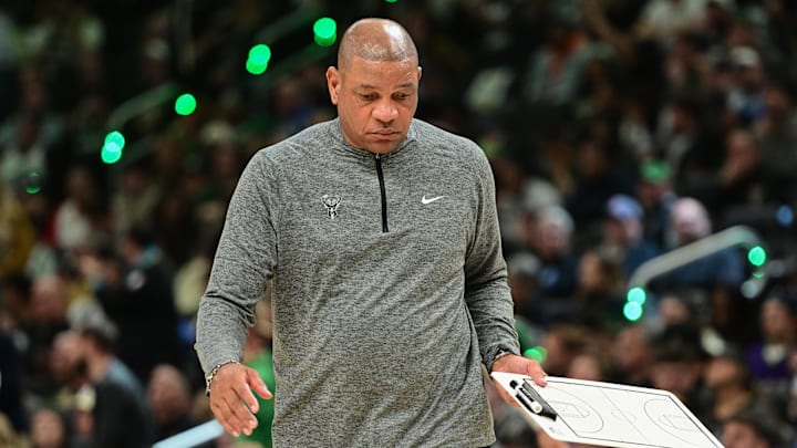Apr 27, 2025; Milwaukee, Wisconsin, USA; Milwaukee Bucks head coach Doc Rivers call a timeout in the fourth quarter against the Indiana Pacers during game four of first round for the 2024 NBA Playoffs at Fiserv Forum. Mandatory Credit: Benny Sieu-Imagn Images