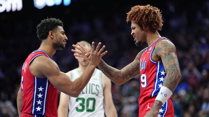 Oct 31, 2025; Philadelphia, Pennsylvania, USA; Philadelphia 76ers guard Kelly Oubre Jr (9) reacts with guard Quentin Grimes (5) against the Boston Celtics in the fourth quarter at Xfinity Mobile Arena. Mandatory Credit: Kyle Ross-Imagn Images Oct 31, 2025; Philadelphia, Pennsylvania, USA; Philadelphia 76ers guard Kelly Oubre Jr (9) reacts with guard Quentin Grimes (5) against the Boston Celtics in the fourth quarter at Xfinity Mobile Arena. Mandatory Credit: Kyle Ross-Imagn Images