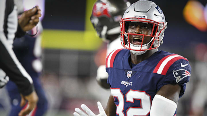 Oct 3, 2021; Foxboro, MA, USA; New England Patriots free safety Devin McCourty (32) reacts to a call