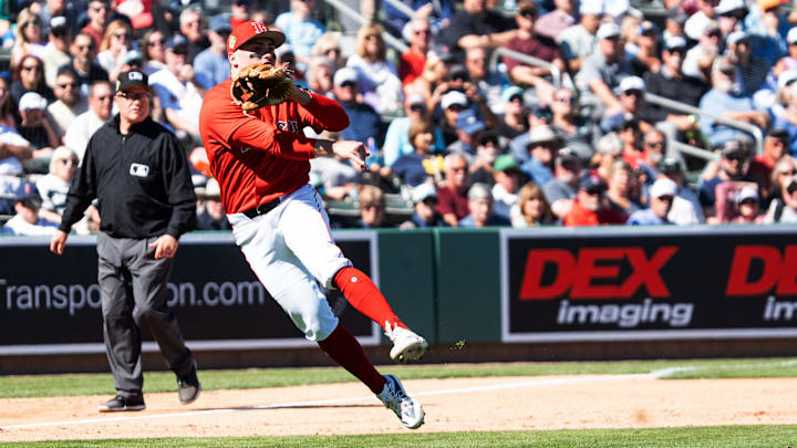 Caleb Durbin of the Boston Red Sox throws an out during spring training game against the Pittsburgh Pirates at JetBlue Park in Fort Myers on Tuesday, Feb. 24, 2026. I