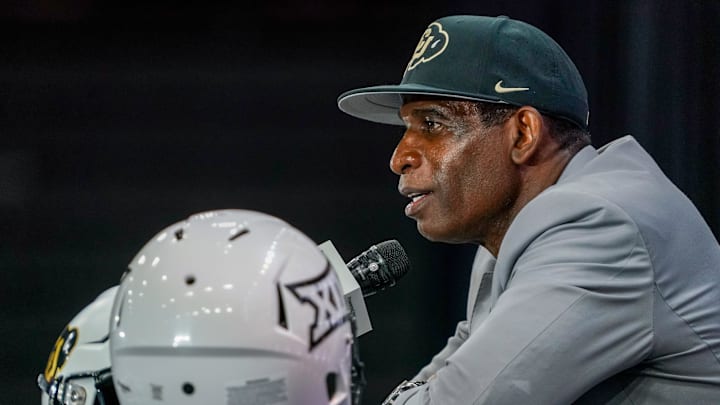 Jul 9, 2025; Frisco, TX, USA; Colorado head coach Deion Sanders speaks with the media during 2025 Big 12 Football Media Days at The Star. 