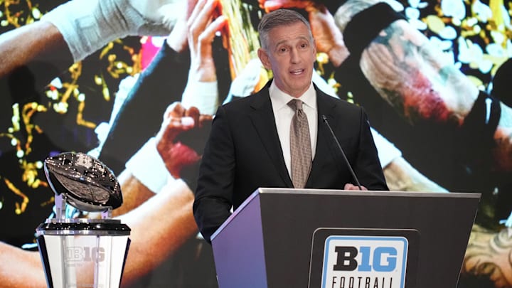 Jul 22, 2025; Las Vegas, NV, USA; Big Ten commissioner Tony Petitti speaks to the media during the Big Ten NCAA college football media days at Mandalay Bay Resort. Mandatory Credit: Lucas Peltier-Imagn Images