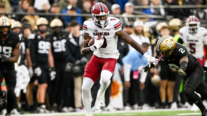 Nov 9, 2024; Nashville, Tennessee, USA; South Carolina Gamecocks wide receiver Nyck Harbor (8) runs the ball after a made catch against the Vanderbilt Commodores during the first half at FirstBank Stadium. Mandatory Credit: Steve Roberts-Imagn Images Nov 9, 2024; Nashville, Tennessee, USA; South Carolina Gamecocks wide receiver Nyck Harbor (8) runs the ball after a made catch against the Vanderbilt Commodores during the first half at FirstBank Stadium. Mandatory Credit: Steve Roberts-Imagn Images