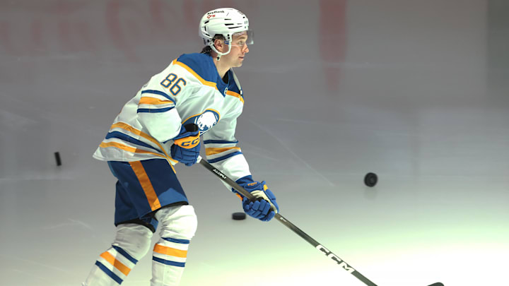 Mar 5, 2026; Pittsburgh, Pennsylvania, USA;  Buffalo Sabres center Noah Ostlund (86) takes the ice to warm up against the Pittsburgh Penguins at PPG Paints Arena. Mandatory Credit: Charles LeClaire-Imagn Images