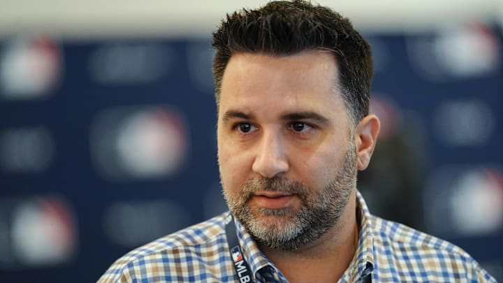 Nov 9, 2022; Las Vegas, NV, USA; Atlanta Braves general manager Alex Anthopoulos answers questions