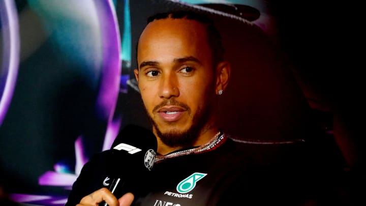 May 2, 2024; Miami Gardens, Florida, USA;  Mercedes driver Lewis Hamilton (44)  addresses the media in advance of the Miami Grand Prix at the Miami International Autodrome. Mandatory Credit: John David Mercer-USA TODAY Sports