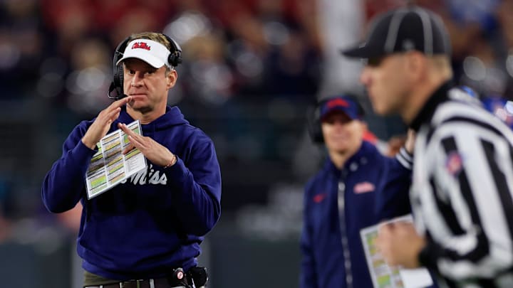 Mississippi Rebels head coach Lane Kiffin calls a time out during the first quarter of the TaxSlayer Gator Bowl Thursday, Jan. 2, 2025 at EverBank Stadium in Jacksonville, Fla. [Corey Perrine/Florida Times-Union]