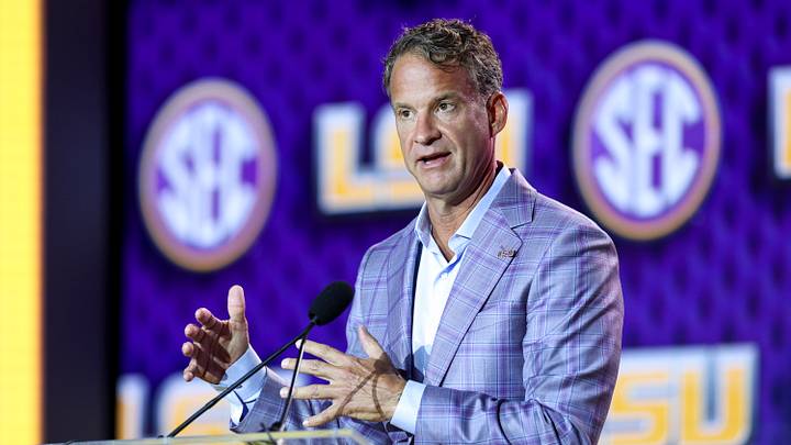 LSU Tigers head coach Lane Kiffin speaks to the press during SEC Football Kickoff Media Day at the Tampa Marriott. Mandatory Credit: Nathan Ray Seebeck-Imagn Images LSU Tigers head coach Lane Kiffin speaks to the press during SEC Football Kickoff Media Day at the Tampa Marriott. Mandatory Credit: Nathan Ray Seebeck-Imagn Images