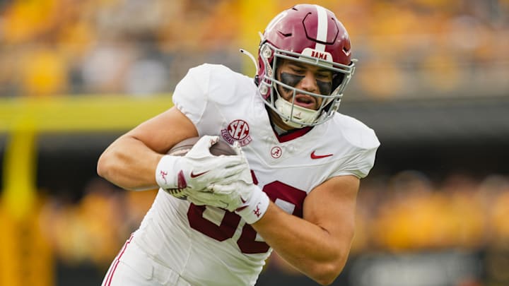 Oct 11, 2025; Columbia, Missouri, USA; Alabama Crimson Tide tight end Josh Cuevas (80) runs with the ball during the first half against the Missouri Tigers at Faurot Field at Memorial Stadium. Mandatory Credit: Jay Biggerstaff-Imagn Images