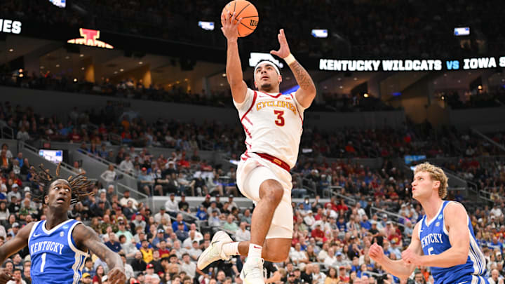Mar 22, 2026; St. Louis, MO, USA; Iowa State Cyclones guard Tamin Lipsey (3) drives to the basket for a lay up as Kentucky Wildcats guard Collin Chandler (5) defends during the first half during a second round game of the men's 2026 NCAA Tournament at Enterprise Center. Mandatory Credit: Jeff Curry-Imagn Images Mar 22, 2026; St. Louis, MO, USA; Iowa State Cyclones guard Tamin Lipsey (3) drives to the basket for a lay up as Kentucky Wildcats guard Collin Chandler (5) defends during the first half during a second round game of the men's 2026 NCAA Tournament at Enterprise Center. Mandatory Credit: Jeff Curry-Imagn Images