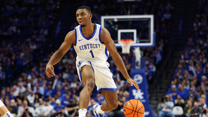 Nov 19, 2024; Lexington, Kentucky, USA; Kentucky Wildcats guard Lamont Butler (1) dribbles the ball during the second half against the Lipscomb Bisons at Rupp Arena at Central Bank Center. Mandatory Credit: Jordan Prather-Imagn Images