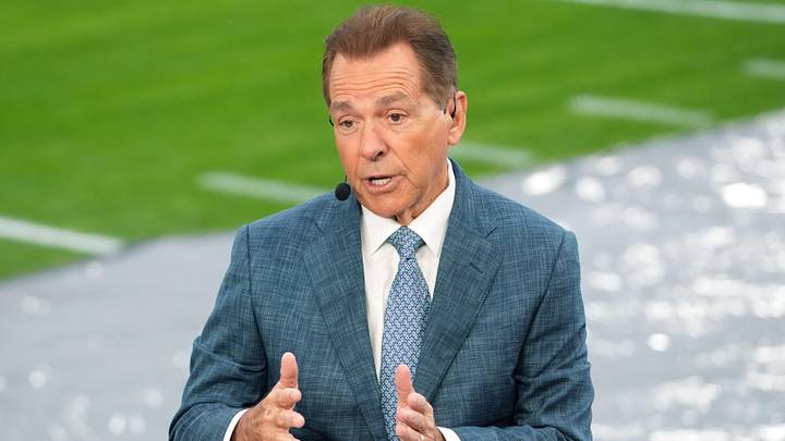 Jan 1, 2026; Pasadena, CA, USA; Nick Saban on the ESPN College Gameday set during the 2026 Rose Bowl and quarterfinal game of the College Football Playoff at Rose Bowl Stadium. Mandatory Credit: Kirby Lee-Imagn Images