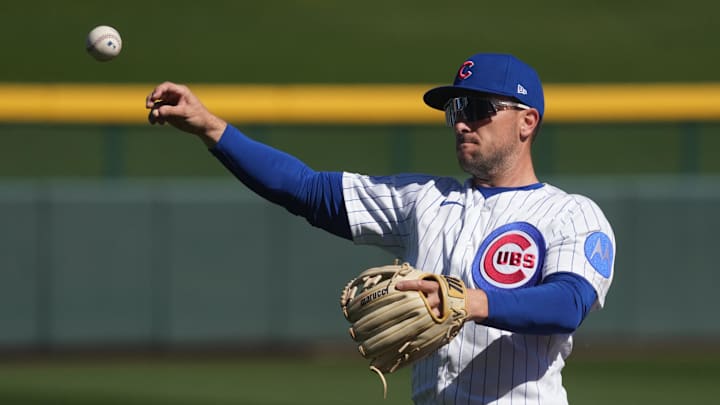 Feb 20, 2026; Mesa, Arizona, USA; Chicago Cubs third baseman Alex Bregman (3) warms up before a game against the Chicago White Sox at Sloan Park. Mandatory Credit: Rick Scuteri-Imagn Images