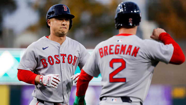 Sep 9, 2025; West Sacramento, California, USA; Boston Red Sox designated hitter Rob Refsnyder (30) celebrates with third baseman Alex Bregman (2) after hitting a three run home run during the first inning against the Athletics at Sutter Health Park. Mandatory Credit: Sergio Estrada-Imagn Images