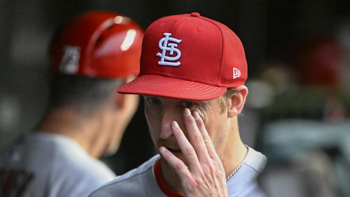 Jul 6, 2025; Chicago, Illinois, USA; St. Louis Cardinals pitcher Erick Fedde (12) in the dugout after being relieved during the third inning against the Chicago Cubs at Wrigley Field. Mandatory Credit: Matt Marton-Imagn Images Jul 6, 2025; Chicago, Illinois, USA; St. Louis Cardinals pitcher Erick Fedde (12) in the dugout after being relieved during the third inning against the Chicago Cubs at Wrigley Field. Mandatory Credit: Matt Marton-Imagn Images