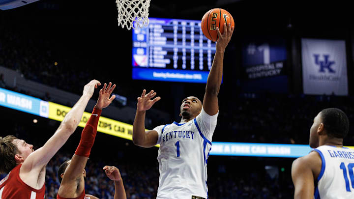 Jan 18, 2025; Lexington, Kentucky, USA; Kentucky Wildcats guard Lamont Butler (1) goes to the basket during the second half against the Alabama Crimson Tide at Rupp Arena at Central Bank Center. Mandatory Credit: Jordan Prather-Imagn Images Jan 18, 2025; Lexington, Kentucky, USA; Kentucky Wildcats guard Lamont Butler (1) goes to the basket during the second half against the Alabama Crimson Tide at Rupp Arena at Central Bank Center. Mandatory Credit: Jordan Prather-Imagn Images