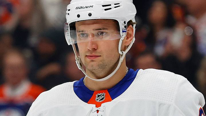 Nov 13, 2023; Edmonton, Alberta, CAN; New York Islanders forward Oliver Wahlstrom (26) watches the play against the Edmonton Oilers at Rogers Place. Mandatory Credit: Perry Nelson-USA TODAY Sports
