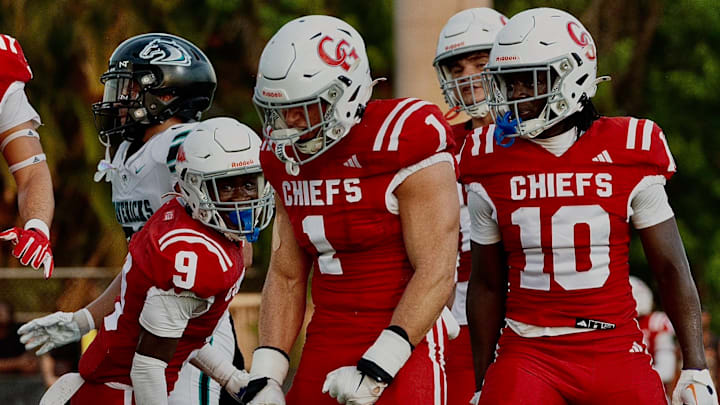 Cardinal Gibbons middle linebacker Landon Martin (1) made six tackles and returned a fumble for a touchdown to guide the Chiefs past Hallandale, 51-14, on Oct. 3. Cardinal Gibbons middle linebacker Landon Martin (1) made six tackles and returned a fumble for a touchdown to guide the Chiefs past Hallandale, 51-14, on Oct. 3.