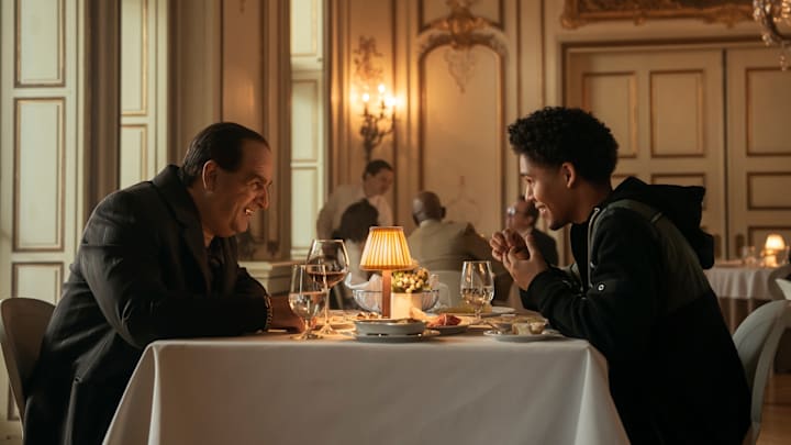 Colin Farrell as Oz and Rhenzy Feliz as Victor in The Penguin episode 3