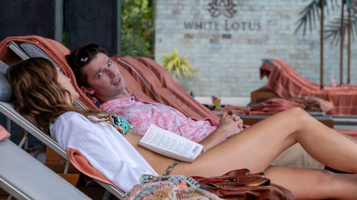 Aimee Lou Wood and Patrick Schwarzenegger in The White Lotus season 3 on HBO