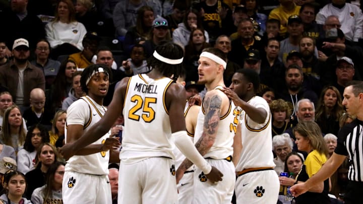 Feb. 9, 2025; Columbia, Missouri, USA; Missouri Tigers guard Anthony Robinson II, forward Mark Mitchell, guard Jacob Crews and guard Marques Warrick (left to right) against the Texas A&M Aggies at Mizzou Arena. / Amber Winkler/ Missouri On SI Feb. 9, 2025; Columbia, Missouri, USA; Missouri Tigers guard Anthony Robinson II, forward Mark Mitchell, guard Jacob Crews and guard Marques Warrick (left to right) against the Texas A&M Aggies at Mizzou Arena. / Amber Winkler/ Missouri On SI