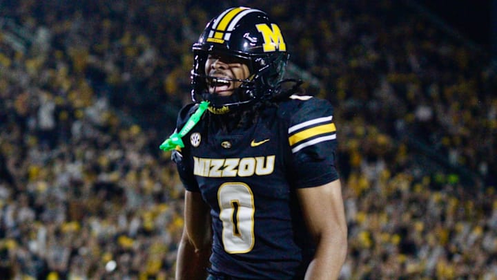 Nov 15, 2025; Columbia, Missouri, USA; Missouri Tigers wide receiver Josh Manning celebrates a touchdown in the Missouri matchup against Mississippi State at Faurot Field.