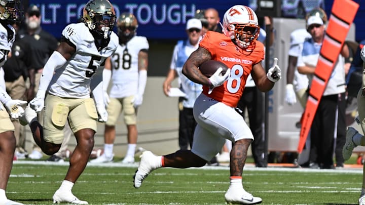 Oct 4, 2025; Blacksburg, Va.; Virginia Tech running back Terion Stewart (8) runs the ball. Oct 4, 2025; Blacksburg, Va.; Virginia Tech running back Terion Stewart (8) runs the ball.