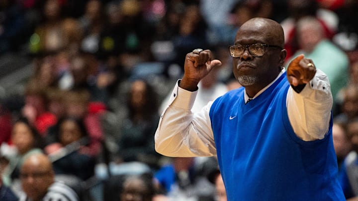 Meridian Wildcats' Head Coach Ronald Norman gestures and points during the MHSAA Class 7A state final game against the Clinton Arrows at the Mississippi Coliseum in Jackson, Miss., on Saturday, Mar. 2, 2024. The Meridian Wildcats won 54 to 50.