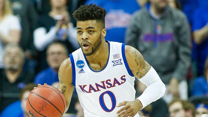 Mar 25, 2017; Kansas City, MO, USA; Kansas Jayhawks guard Frank Mason (0) dribbles the ball during the first half of the game against the Oregon Ducks in the finals of the Midwest Regional of the 2017 NCAA Tournament at Sprint Center. Oregon defeated Kansas 74-60. Mandatory Credit: Jay Biggerstaff-USA TODAY Sports