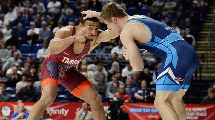 Connor Mirasola faces Aaron Brooks in his first match at the U.S. Olympic Wrestling Trials at Penn State's Bryce Jordan Center.