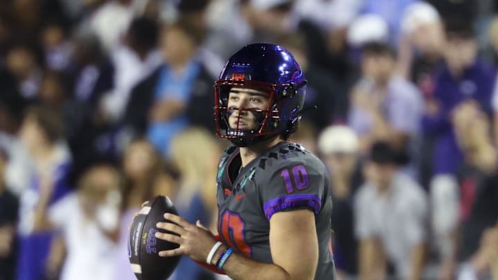 Nov 9, 2024; Fort Worth, Texas, USA;  TCU Horned Frogs quarterback Josh Hoover (10) throws during the first half against the Oklahoma State Cowboys at Amon G. Carter Stadium. Mandatory Credit: Kevin Jairaj-Imagn Images