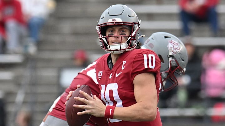 Oct 19, 2024; Pullman, Washington, USA; Washington State Cougars quarterback John Mateer (10) throws a pass against the Hawaii Warriors in the second half at Gesa Field at Martin Stadium. Mandatory Credit: James Snook-Imagn Images