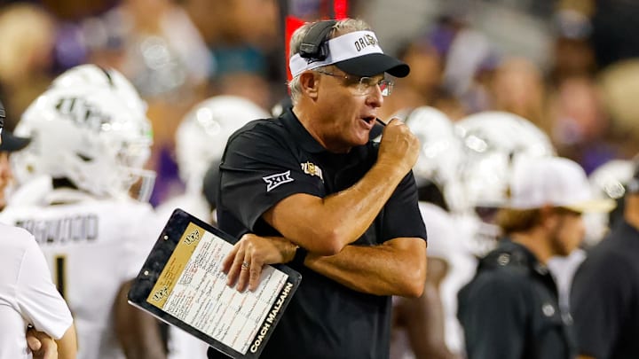 Sep 14, 2024; Fort Worth, Texas, USA; UCF Knights head coach Gus Malzahn looks on during the second quarter at Amon G. Carter Stadium. Mandatory Credit: Andrew Dieb-Imagn Images
