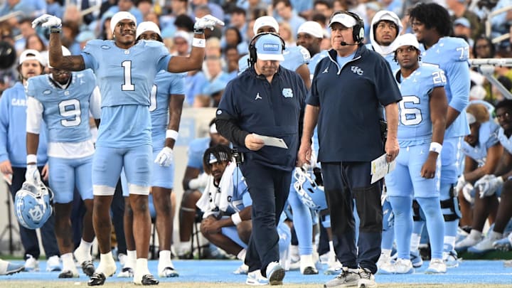 Nov 22, 2025; Chapel Hill, North Carolina, USA; North Carolina Tar Heels head coach Bill Belichick watches play during the first half against the Duke Blue Devils at Kenan Stadium. Mandatory Credit: William Howard-Imagn Images